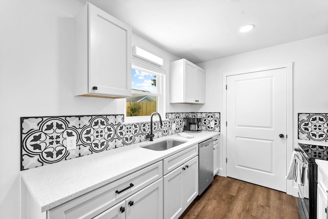 kitchen with electric range oven, dishwasher, white cabinetry, dark hardwood / wood-style flooring, and sink