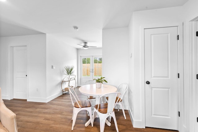 dining room featuring ceiling fan, hardwood / wood-style flooring, and french doors