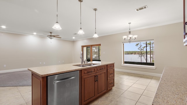 kitchen with sink, dishwasher, ornamental molding, a center island with sink, and decorative light fixtures