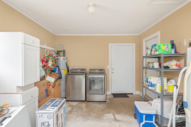 clothes washing area featuring cabinets, independent washer and dryer, crown molding, and electric water heater