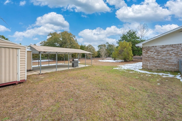 view of yard featuring a carport and a shed