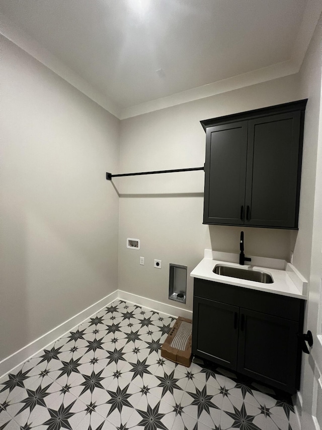 laundry room featuring hookup for an electric dryer, hookup for a washing machine, cabinets, ornamental molding, and sink