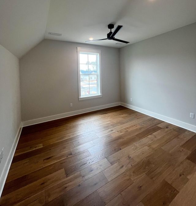 additional living space featuring ceiling fan, hardwood / wood-style floors, and lofted ceiling