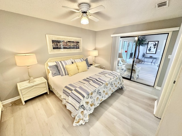 bedroom featuring ceiling fan, a textured ceiling, access to outside, and light wood-type flooring