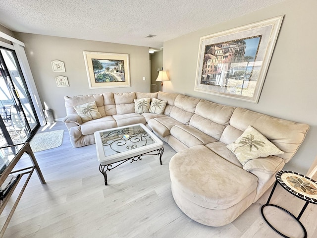 living room with a textured ceiling and light hardwood / wood-style flooring