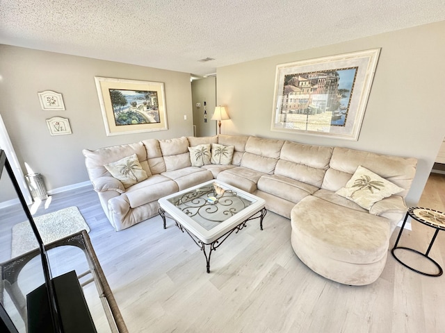 living room with a textured ceiling and light hardwood / wood-style floors