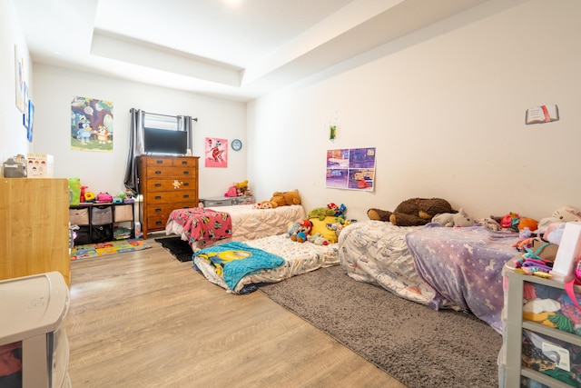 bedroom with hardwood / wood-style flooring and a raised ceiling