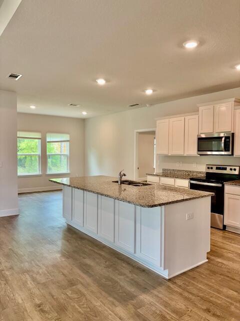 8177 Majestic Cypress Dr, Milton, FL 32583 - kitchen with white cabinetry, a sink, wood finished floors, and appliances with stainless steel finishes
