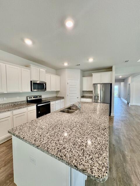 8177 Majestic Cypress Dr, Milton, FL 32583 - kitchen with white cabinets, a sink, appliances with stainless steel finishes, and wood finished floors