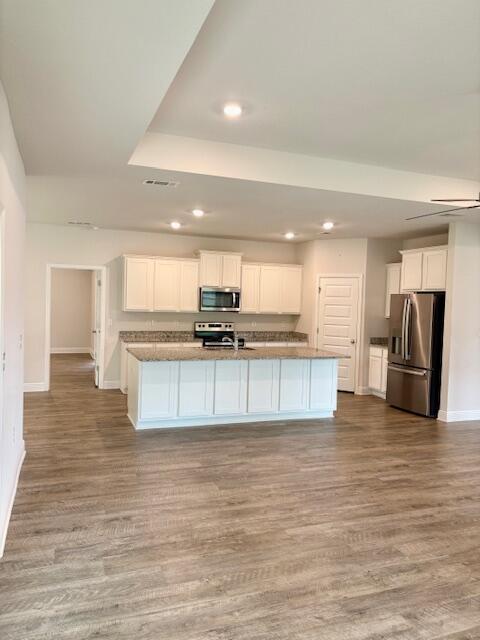 8177 Majestic Cypress Dr, Milton, FL 32583 - kitchen featuring white cabinetry, recessed lighting, baseboards, appliances with stainless steel finishes, and wood finished floors