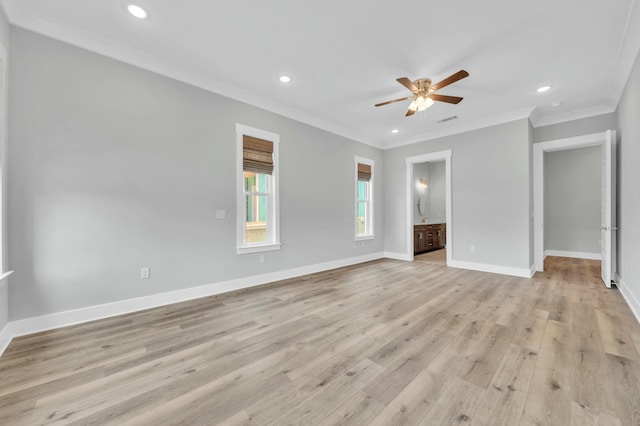 unfurnished bedroom with ceiling fan, ornamental molding, light hardwood / wood-style floors, and ensuite bath