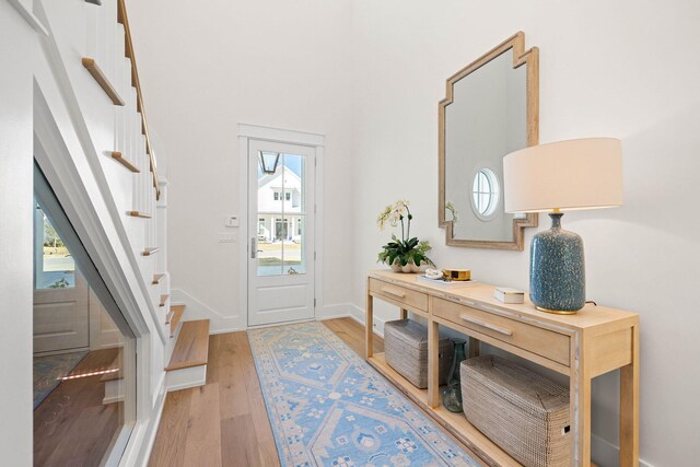 foyer entrance with light hardwood / wood-style flooring and a healthy amount of sunlight