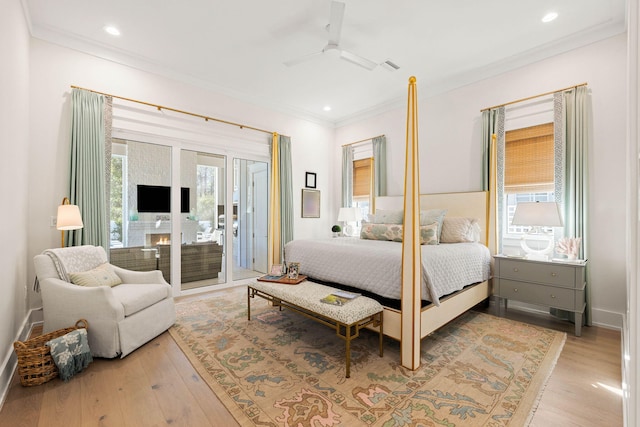 bedroom featuring light wood-type flooring, ceiling fan, access to exterior, and crown molding