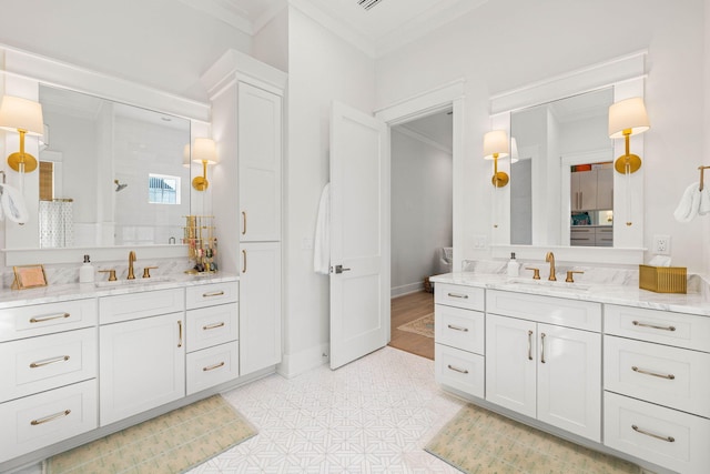 bathroom featuring a shower, vanity, and ornamental molding