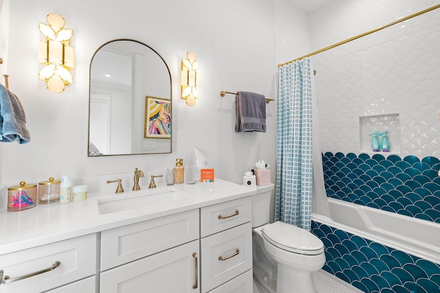 full bathroom featuring toilet, shower / tub combo, and vanity