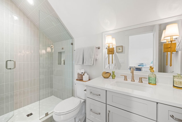 bathroom with toilet, vanity, vaulted ceiling, and an enclosed shower