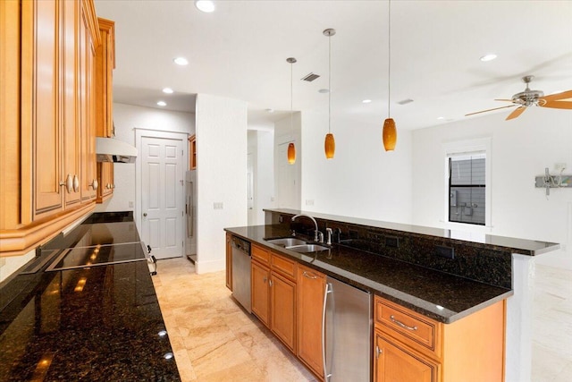 31 Beacon Point Dr, Santa Rosa Beach, FL 32459 - kitchen with refrigerator, under cabinet range hood, recessed lighting, stainless steel dishwasher, and dark stone counters