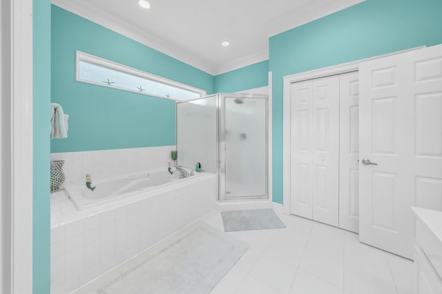 bathroom with crown molding, plus walk in shower, and tile patterned flooring