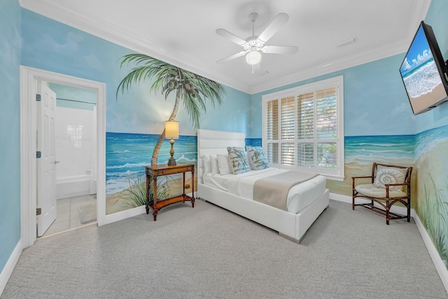 bedroom featuring crown molding, ceiling fan, and ensuite bathroom