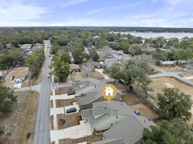 drone / aerial view featuring a water view