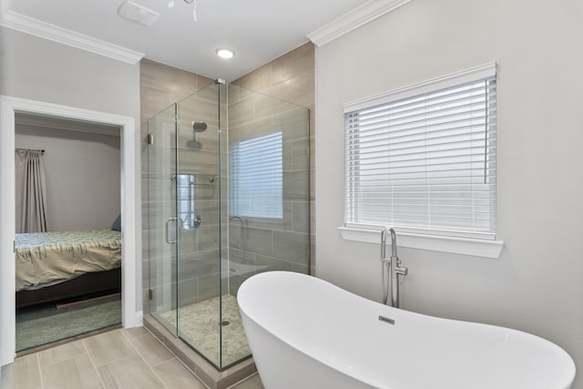 bathroom with crown molding, separate shower and tub, and a wealth of natural light