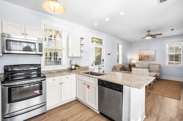 kitchen with stainless steel appliances, sink, white cabinets, and kitchen peninsula