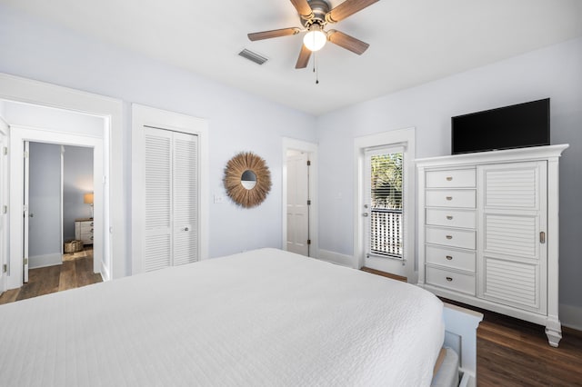 bedroom featuring dark wood-type flooring, access to outside, ceiling fan, and a closet