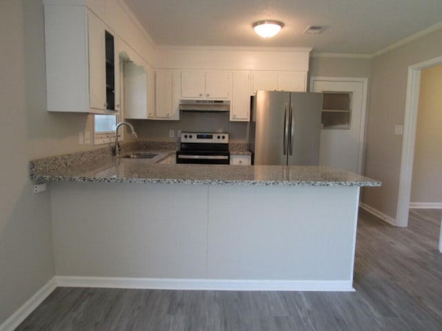 kitchen with kitchen peninsula, sink, white cabinetry, light stone countertops, and stainless steel appliances