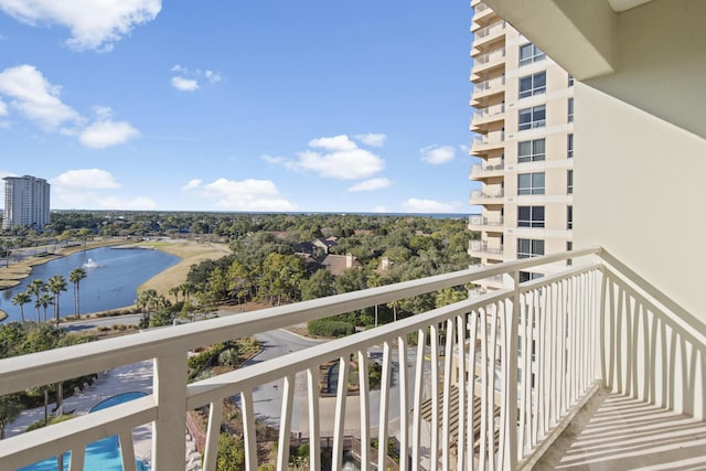 balcony featuring a water view