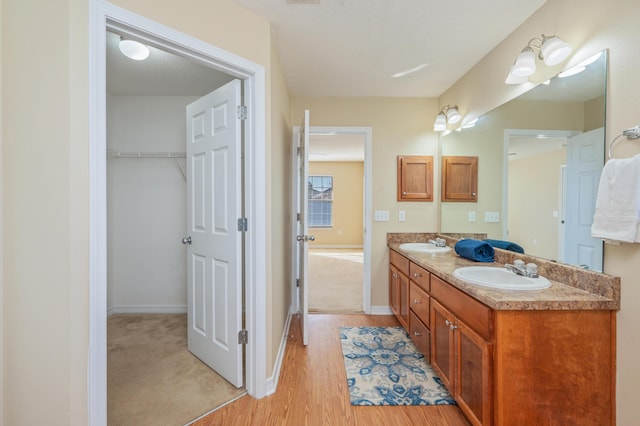 bathroom with wood-type flooring and vanity