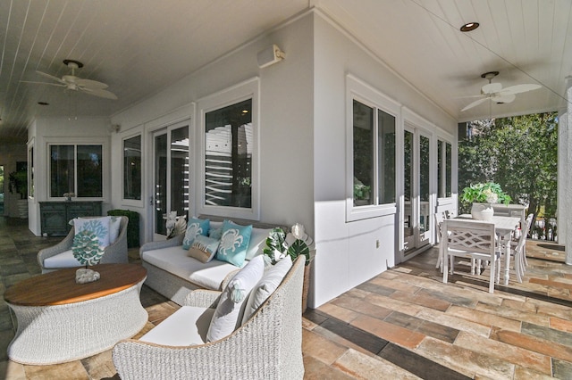 view of patio with ceiling fan, french doors, outdoor dining space, and outdoor lounge area