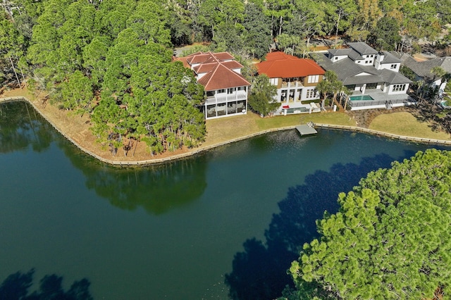 drone / aerial view featuring a water view