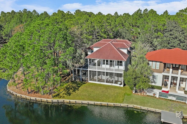 drone / aerial view featuring a water view