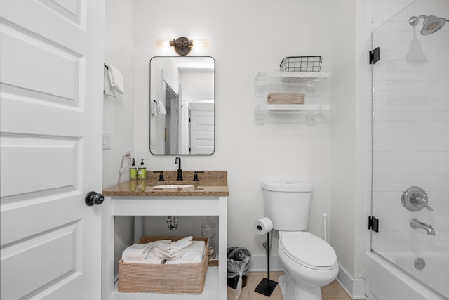 full bathroom with enclosed tub / shower combo, vanity, and toilet