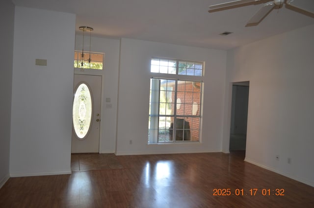 foyer entrance featuring dark wood-type flooring, ceiling fan, and a healthy amount of sunlight