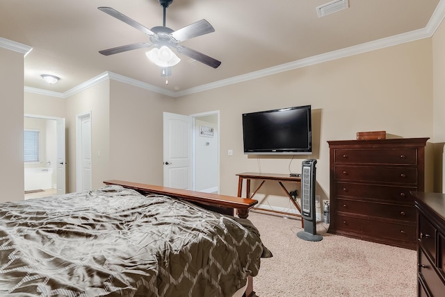 carpeted bedroom with ceiling fan, ornamental molding, and connected bathroom