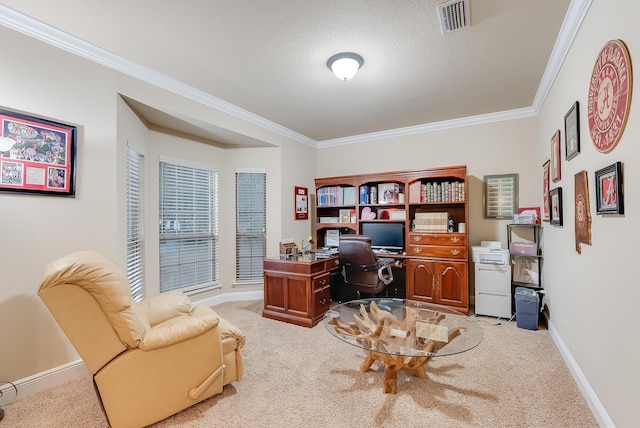 office space featuring light colored carpet, a textured ceiling, and ornamental molding