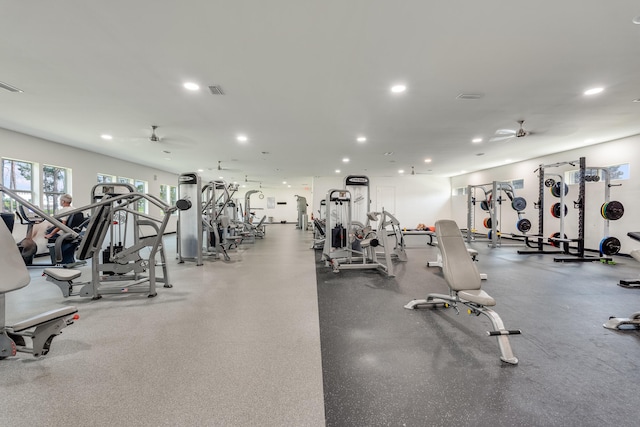 workout area featuring ceiling fan