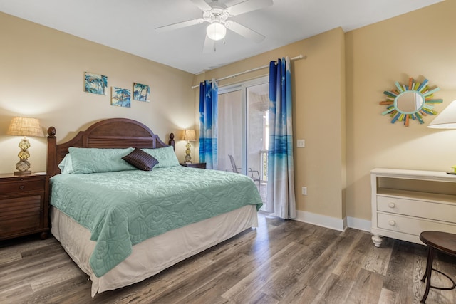 bedroom with ceiling fan, hardwood / wood-style flooring, and access to outside