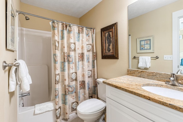 full bathroom with a textured ceiling, toilet, vanity, and shower / tub combo with curtain