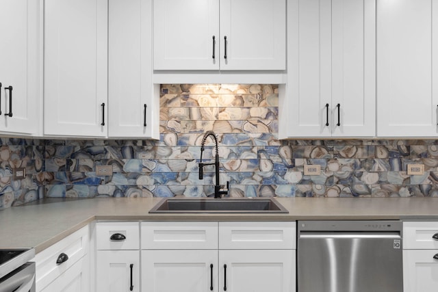 kitchen with tasteful backsplash, dishwasher, sink, range with electric cooktop, and white cabinets