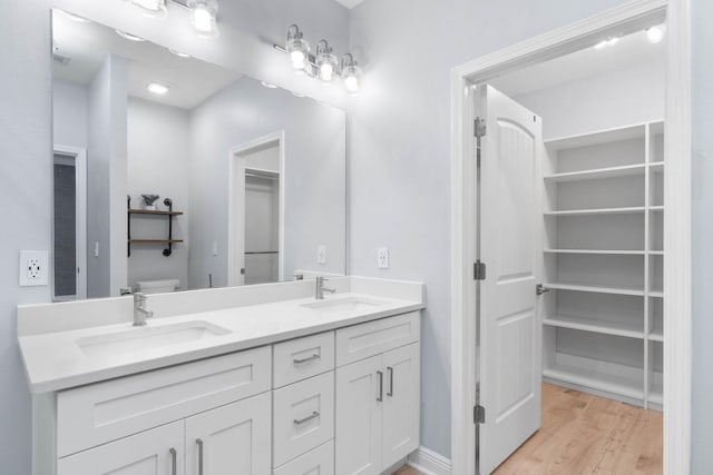 bathroom featuring toilet, vanity, and hardwood / wood-style floors