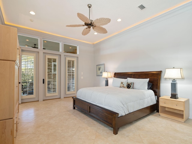 bedroom featuring crown molding, ceiling fan, and access to outside