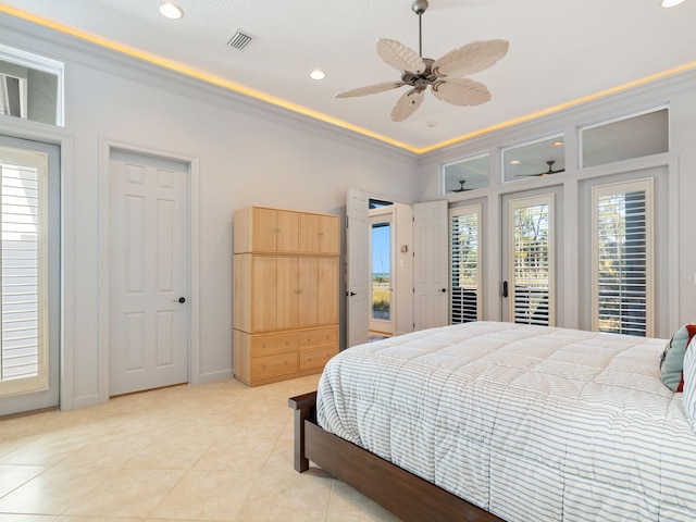 bedroom with light tile patterned floors, access to outside, ornamental molding, and ceiling fan