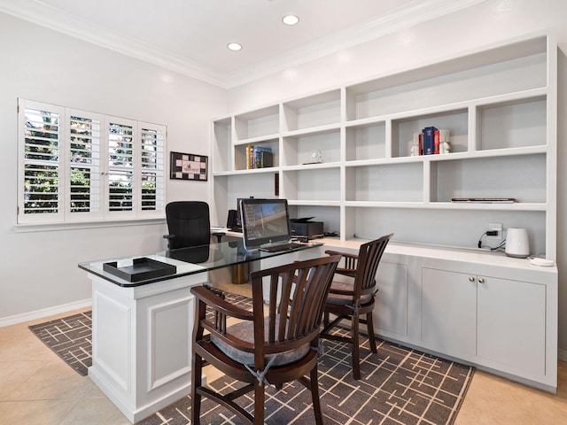 tiled home office with ornamental molding