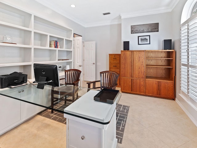 office featuring crown molding and light tile patterned floors