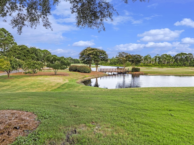 dock area with a yard and a water view