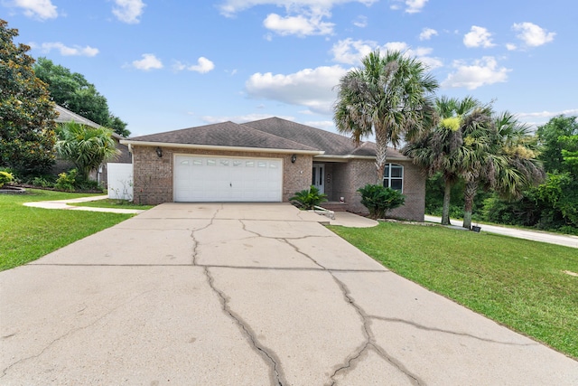 ranch-style house featuring a front lawn and a garage