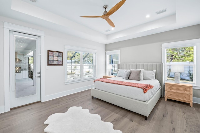 bedroom with a raised ceiling, ceiling fan, multiple windows, and hardwood / wood-style floors