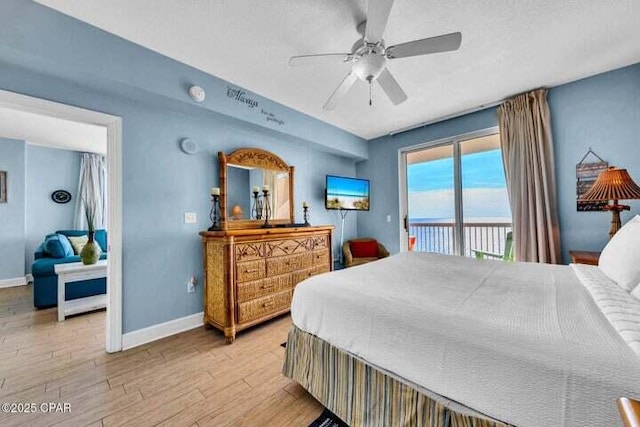 14825 Front Beach Rd Unit 2001, Panama City Beach, FL 32413 - bedroom with ceiling fan, light hardwood / wood-style floors, a textured ceiling, and access to outside